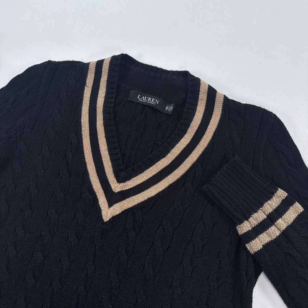 Lauren Ralph Lauren Cable Knit Cricket Sweater Womens XS Black Metallic Gold V